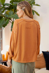 Contrast Stitch Long Sleeve Henley Knit Top