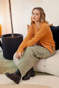 Contrast Stitch Long Sleeve Henley Knit Top