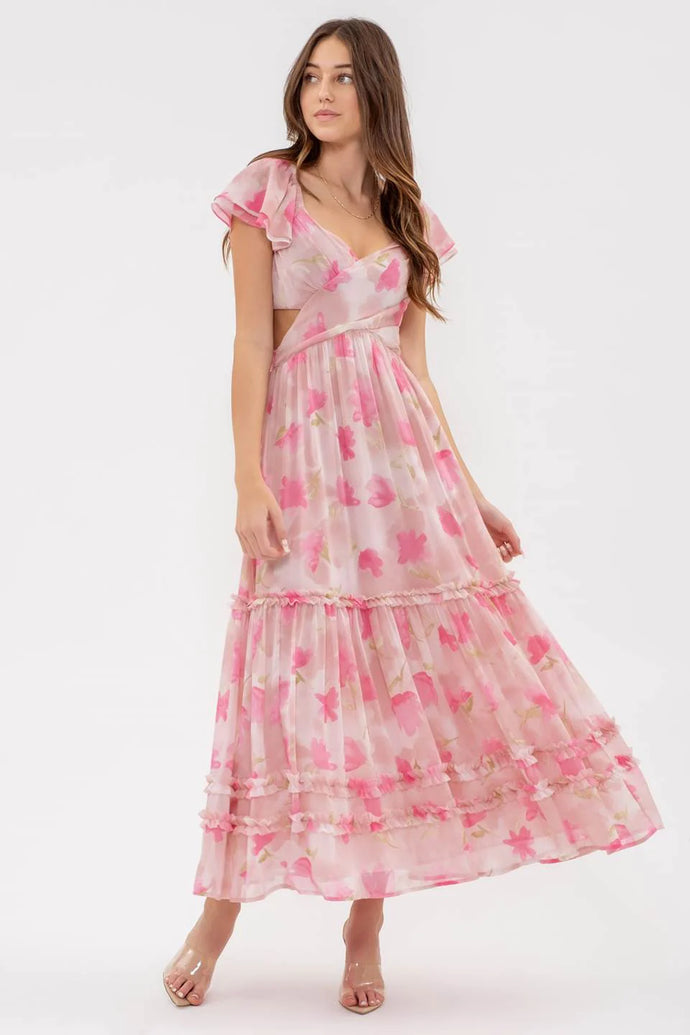 Floral Waist Cut Out Ruffle Midi Dress