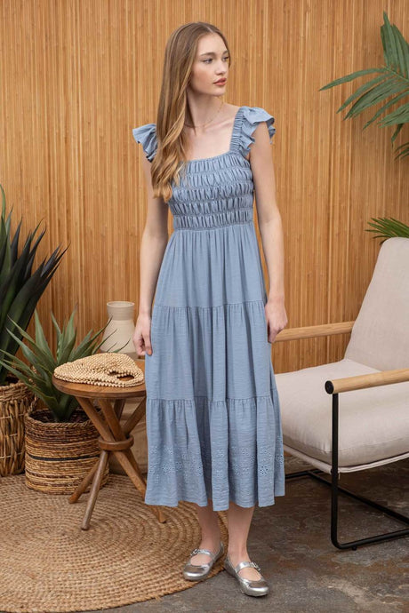 Tiered Eyelet Hem Midi Dress