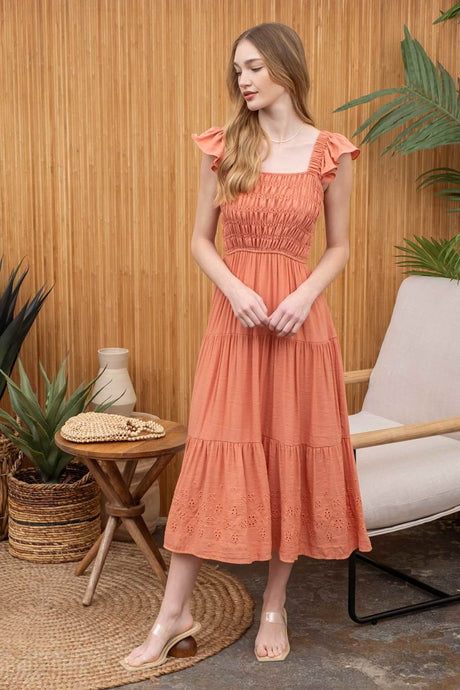 Tiered Eyelet Hem Midi Dress