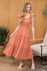 Tiered Eyelet Hem Midi Dress