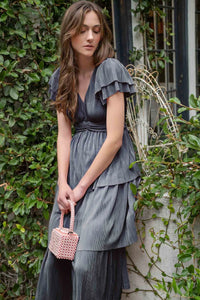 V-neck Pleated Ruffle Tiered Midi Dress