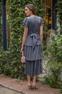 V-neck Pleated Ruffle Tiered Midi Dress