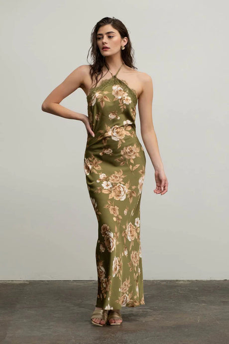 Floral Lace Trim Halter Neck Midi Dress