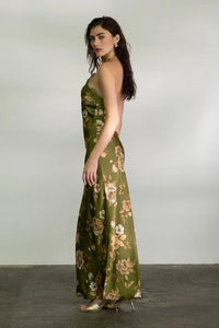 Floral Lace Trim Halter Neck Midi Dress