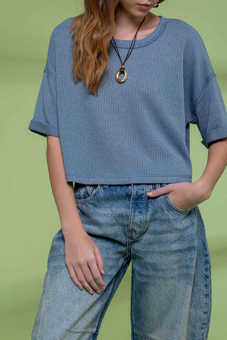 Short Fold Sleeve Knit Croop Top