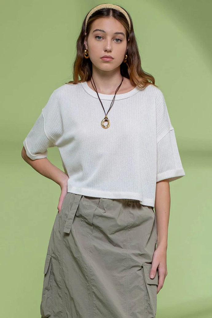 Short Fold Sleeve Knit Croop Top
