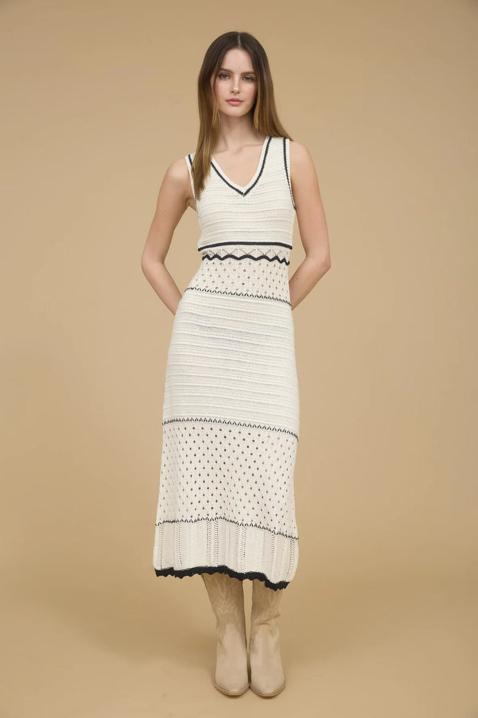 V-neck Sleeveless Sheer Trim Crochet Midi Dress