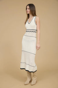 V-neck Sleeveless Sheer Trim Crochet Midi Dress
