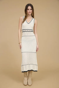 V-neck Sleeveless Sheer Trim Crochet Midi Dress
