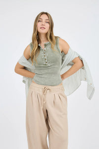 Washed Sleeveless Henley Knit Tank Top