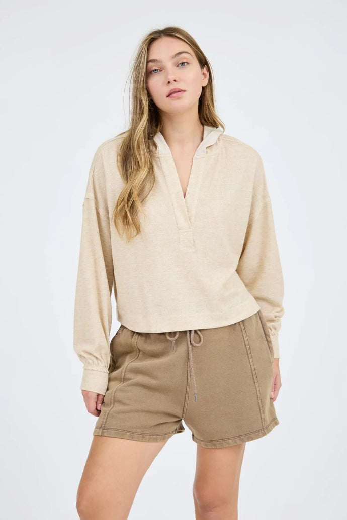Hooded Split Neck Long Sleeve Knit Top