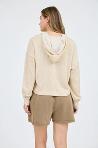 Hooded Split Neck Long Sleeve Knit Top