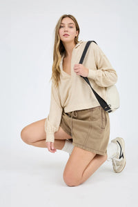 Hooded Split Neck Long Sleeve Knit Top