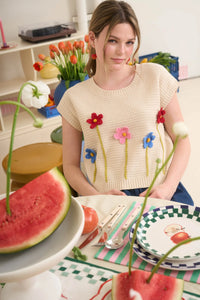 3D crochet Floral Short Sleeve Sweater Top