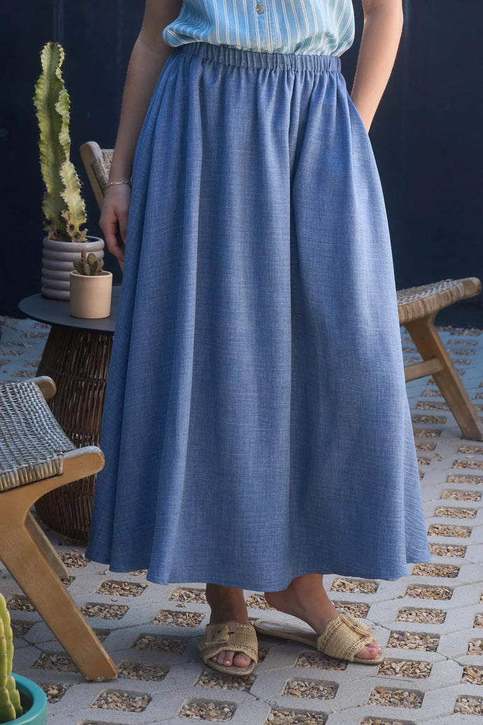 High Elastic Waist Midi Skirt with Pockets