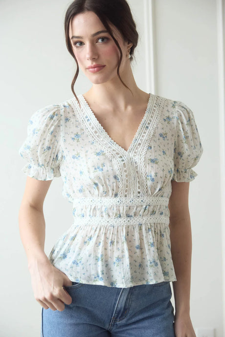 V-neck Crochet Lace Trim Floral Top