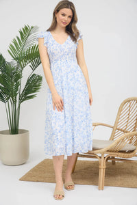 Floral V-neck Smocked Short Sleeve Midi Dress