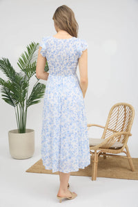 Floral V-neck Smocked Short Sleeve Midi Dress