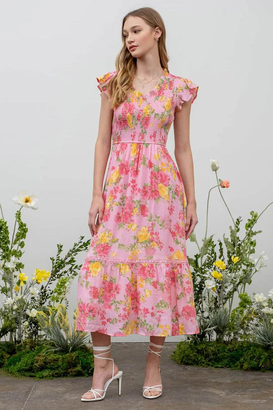 Floral Scoop Neck Smocked Maxi Dress