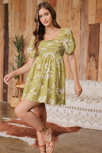 Floral Pleated Puff Sleeve Mini Dress