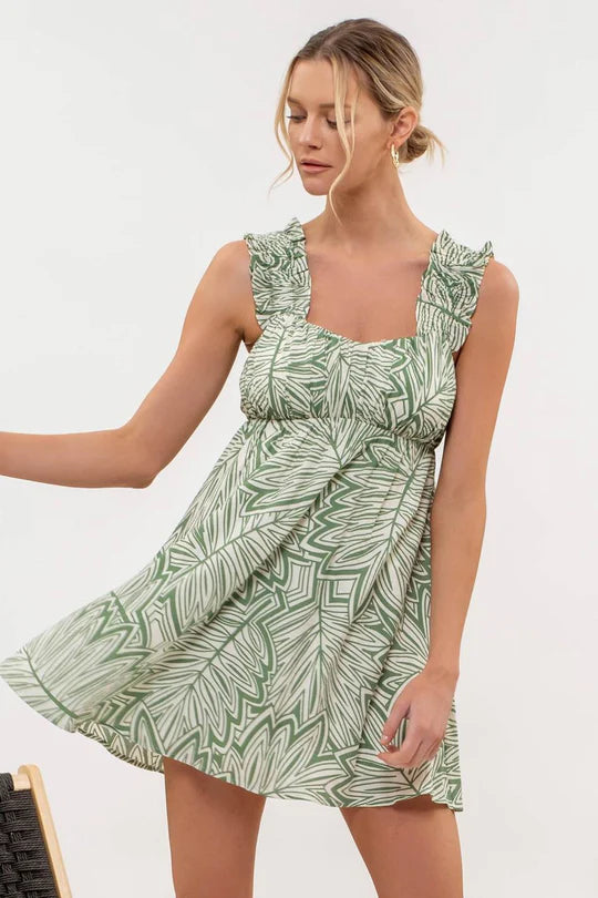 Leaf Print Ruched Mini Dress