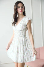 Load image into Gallery viewer, Floral V-neck Short Sleeve Shirred Waist Mini Dress