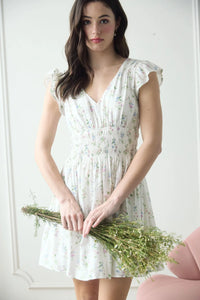 Floral V-neck Short Sleeve Shirred Waist Mini Dress