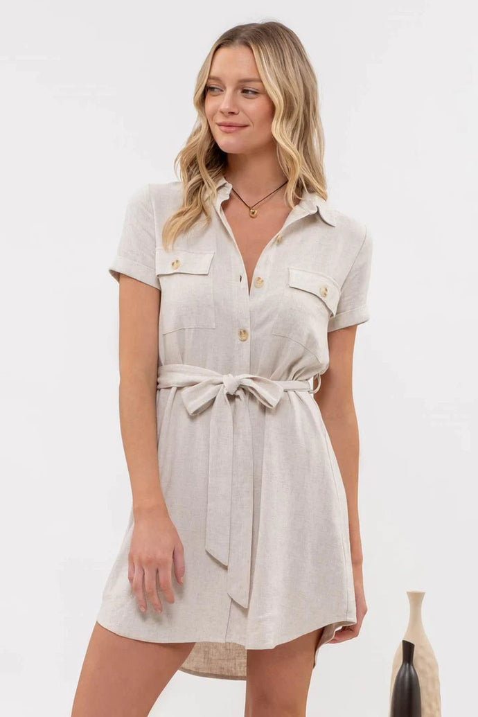 Collar Button-down Belted Mini Dress