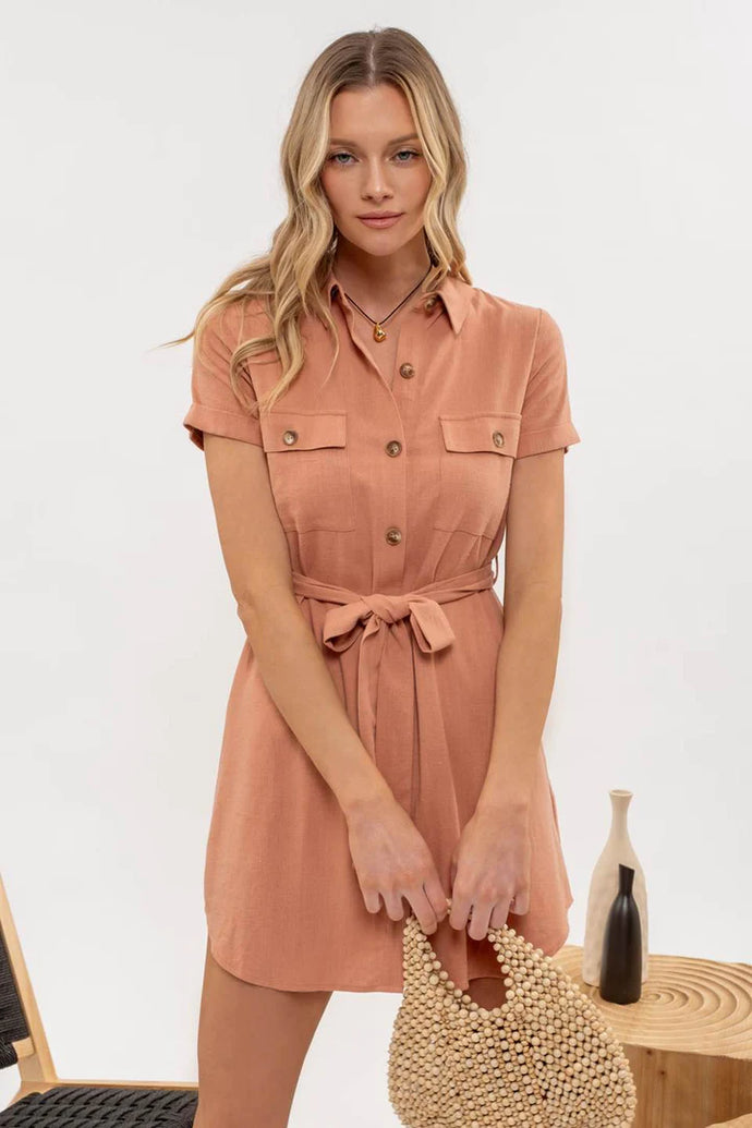 Collar Button-down Belted Mini Dress