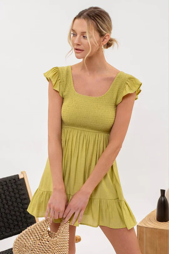 Smocked Bodice Ruffle Mini Dress