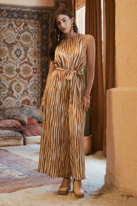 Halter Neck Abstract Stripe Belted Jumpsuit