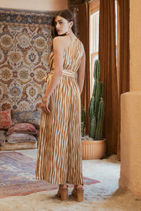 Halter Neck Abstract Stripe Belted Jumpsuit