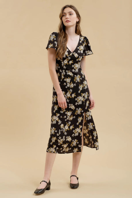 Floral V-neck Short Sleeve Split Thigh Midi Dress