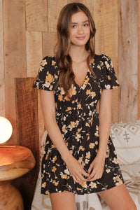 Floral V-neck Button-down Short Sleeve Mini Dress