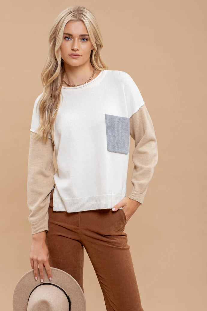 Color Block Raw Edge Long Sleeve Knit Sweater