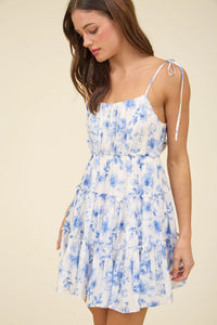 Floral Spaghetti Strap Back Tie Tiered Mini Dress
