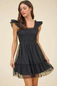 Polka Dit Chiffon Smocked Ruffle Detail Mini Dress