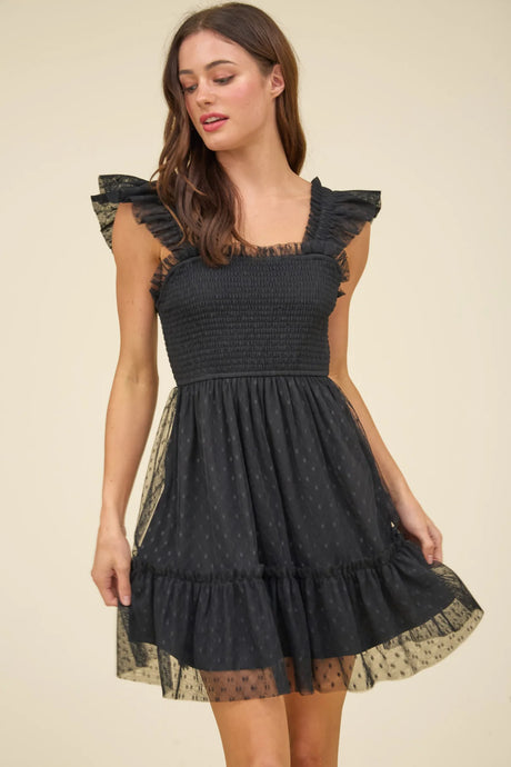 Polka Dit Chiffon Smocked Ruffle Detail Mini Dress