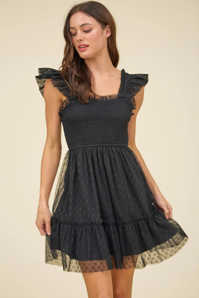 Polka Dit Chiffon Smocked Ruffle Detail Mini Dress