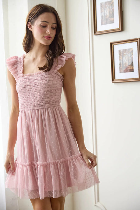 Polka Dit Chiffon Smocked Ruffle Detail Mini Dress