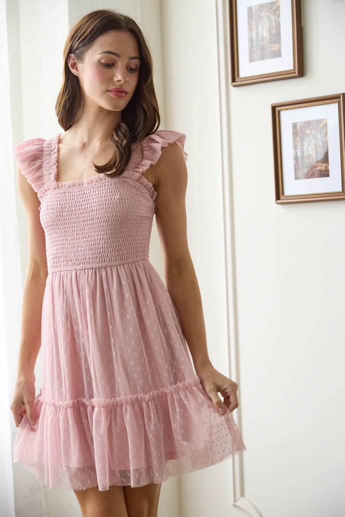 Polka Dit Chiffon Smocked Ruffle Detail Mini Dress
