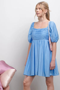 Pleated Detail Puff Sleeve Mini Dress