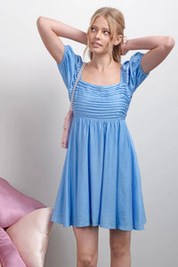 Pleated Detail Puff Sleeve Mini Dress