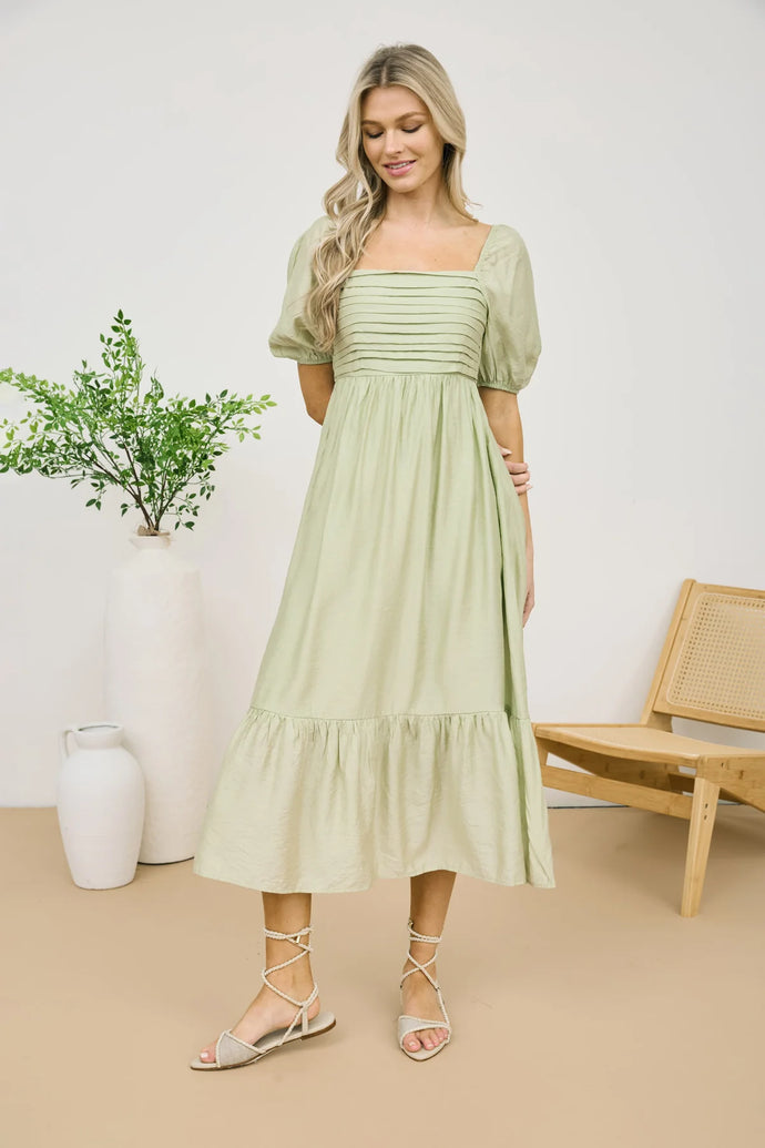 Pleated Empire Waist Puff Sleeve Midi Dress