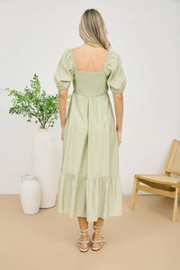 Pleated Empire Waist Puff Sleeve Midi Dress