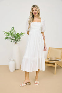 Pleated Empire Waist Puff Sleeve Midi Dress