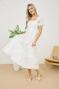 Pleated Empire Waist Puff Sleeve Midi Dress