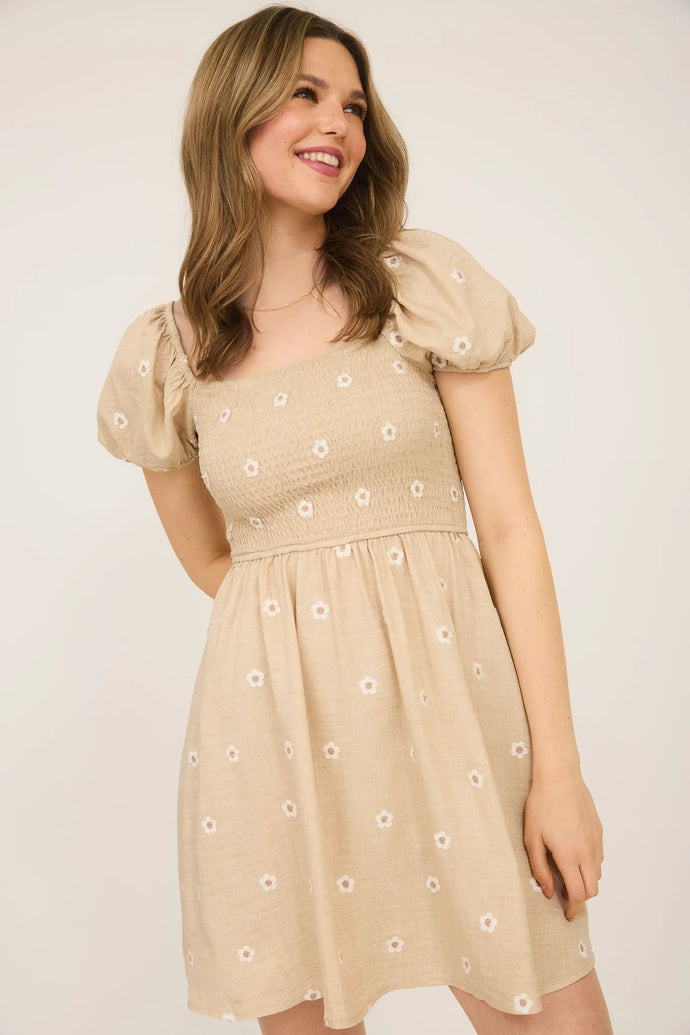 Daisy Embroidery Smocked Puff Sleeve Mini Dress